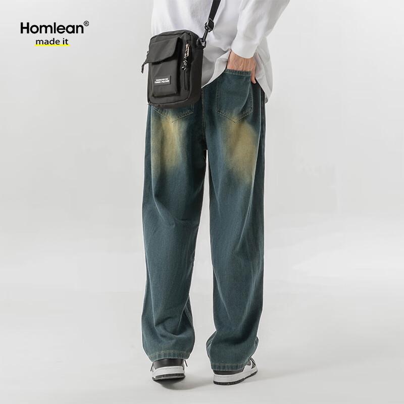 Homlean Men's Retro Washed Loose Straight Jeans
