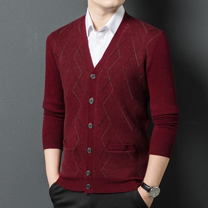 Yiliteng Men's V-Neck Pure Wool Cardigan Sweater
