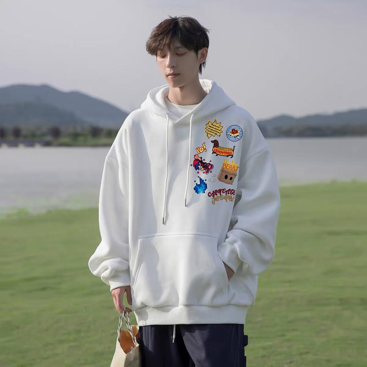 

American High-Street Hooded Fleece-Lined Youth Sweatshirt, Unisex Autumn/Winter, Loose Fit, National Trend Style XL білий