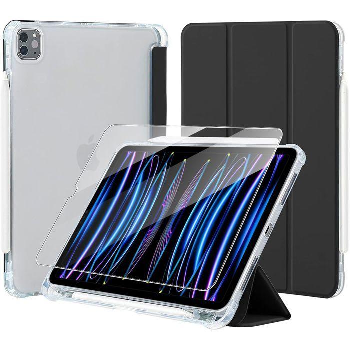 Coque + Verre Trempé - iPad Pro 11 Pouces - Silicone Renforcé - Protection Chocs - Porte-Stylet - Noir
