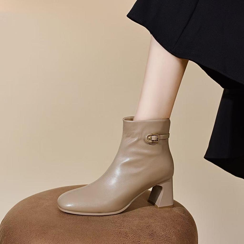 Balerini din piele naturală pentru femei - Piele de oaie, Vârf pătrat, Toc gros, Căptușiți cu pluș pentru iarnă, Piele moale pentru primăvară/toamnă.