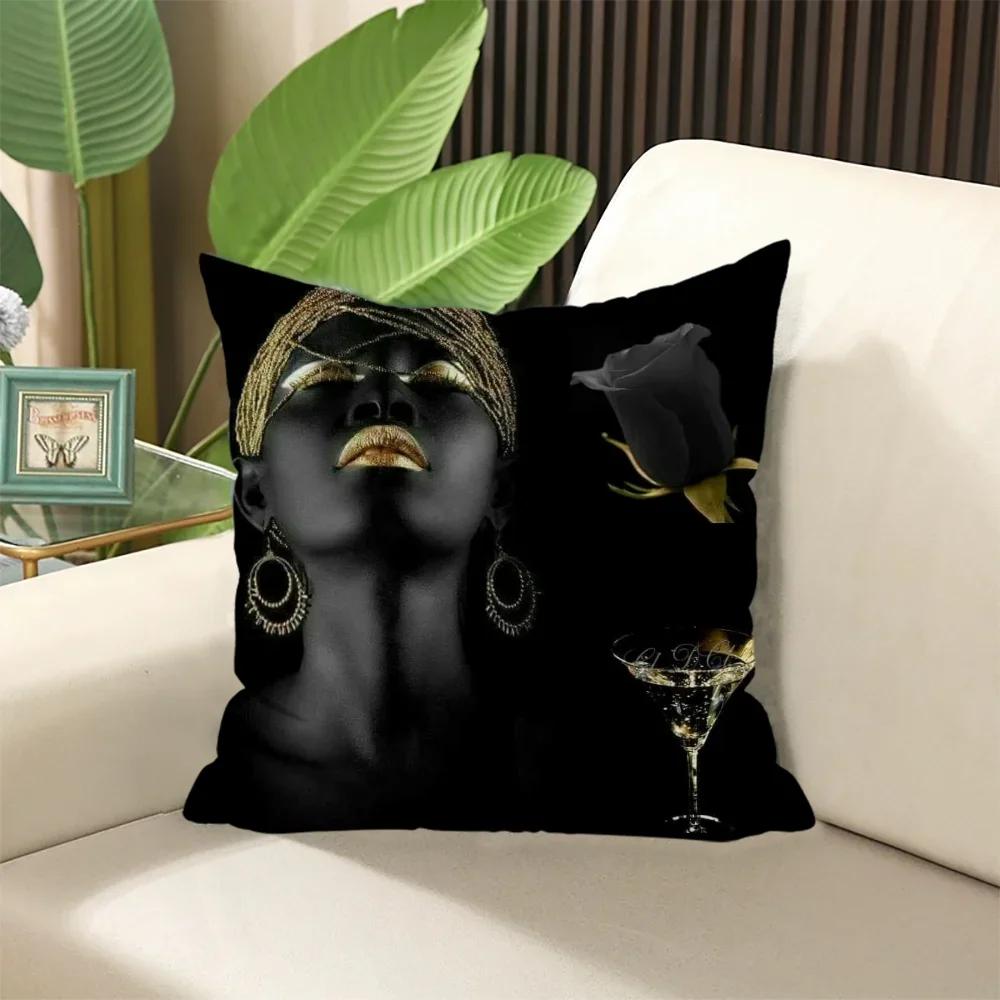 Huse elegante pentru perne de cameră Negru Auriu Pernă cu doamnă africană pentru dormit Husă de pernă × Perne decorative canapea × Umplute