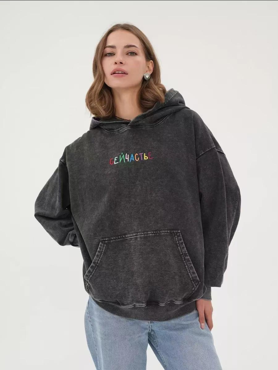 American European and American style loose personality heavy industry printing washed black old comfortable hooded sweater S