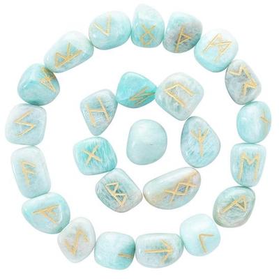 Crocon Amazonite Rune Stones Set with Elder Futhark Alphabet Engraved Symbol for Chakra Balancing Home Office Decorative Stone Size :- 10-15 Mm Approx