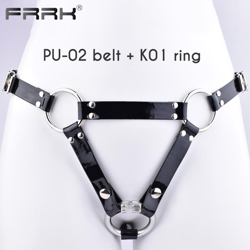 FRRK PU pásový postroj pro hráče BDSM Metal Chastity Cage v různých velikostech Sexy dospělí Intimní produkty Sexuální hračky Bondage