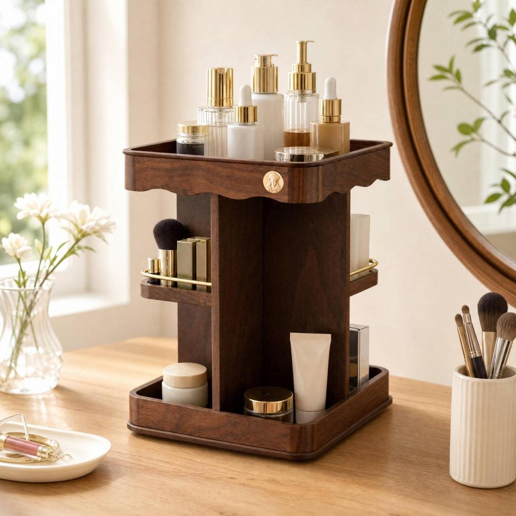 Rotating Cosmetic Storage Organizer Open Design Wooden Vanity with