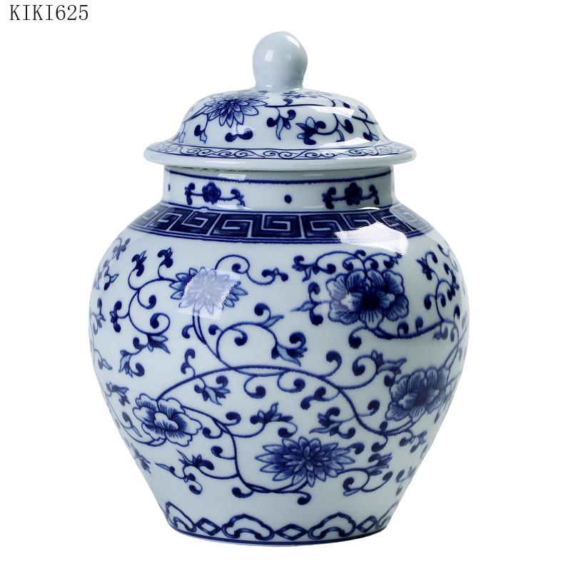 Modern Ceramic Blue and White Porcelain Antique General Jar with Lid Large General Storage Tea Caddy Countertop Home Decoration