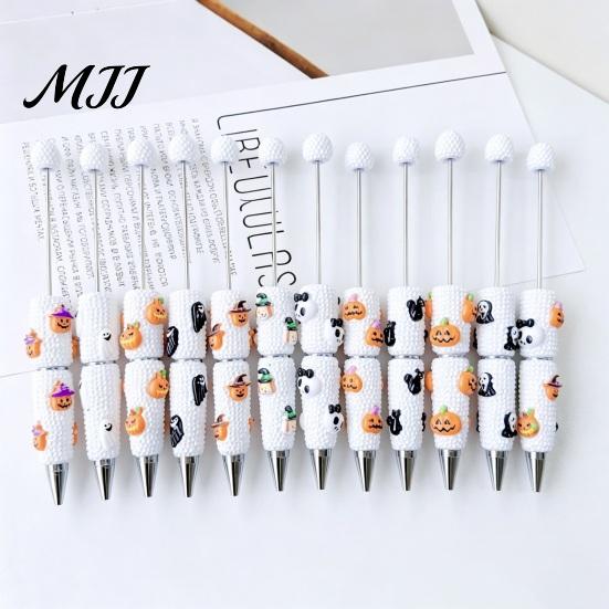 Unique DIY Crafting Supplies Halloween Rhinestone Beadable Pen, Sparkly Cat Pumpkin Ghost Plastic Beaded Cartoon Writing Pens Glitter Black