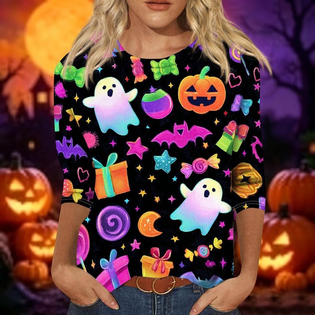Women's Casual Halloween Print 3/4 Sleeve Round Neck Top Lightweight Soft Fabric Pullover Shirt for Everyday Wear