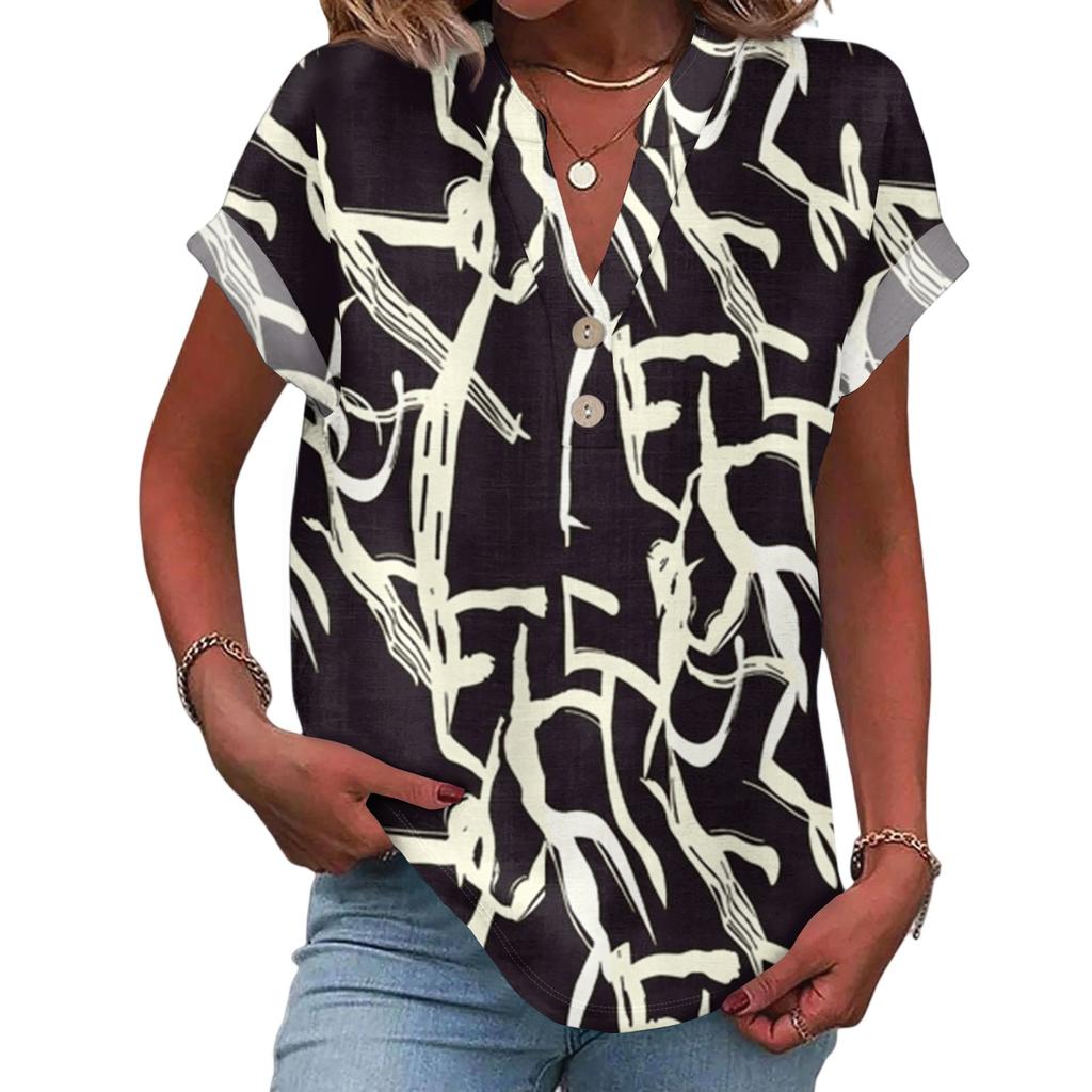 Ladies Casual Fashion V-Neck Button Floral Print Short Sleeve Top
