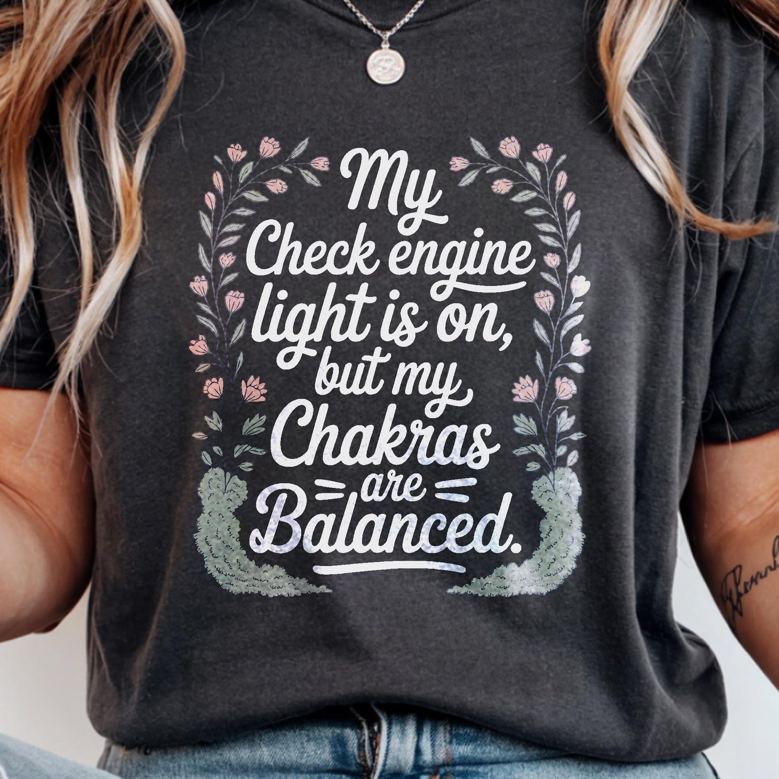 Check Engine Light Chakras Balanced T-Shirt Funny Spiritual Cozycore Sarcastic Gift Cottagecore Witchy Wellness Tee L