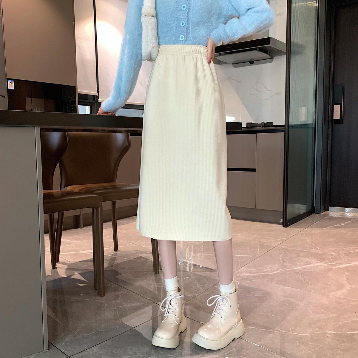 

Autumn Winter Plus Size Mid Long Skirt Women High Waist Corduroy Slit A-Line Slimming Bodycon 2XL абрикосовий