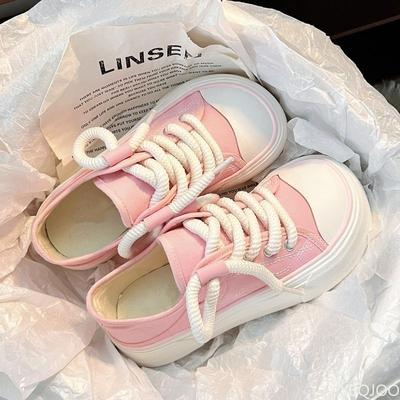 Women's Canvas Sneakers Spring New Fashion Lace Up Thick Soled Round Toe White Casual Simple Comfortable Non Slip Flat Shoes