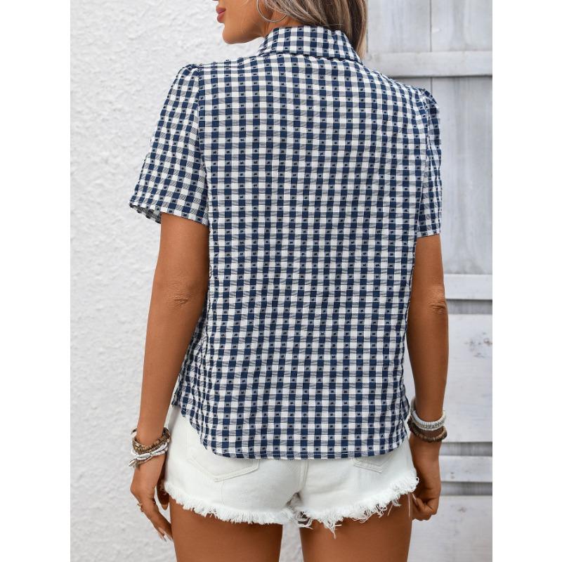 Damen Braunes Karomuster Button-Down-Hemd Kurzarm Lässig Cropped Bluse mit Brusttasche