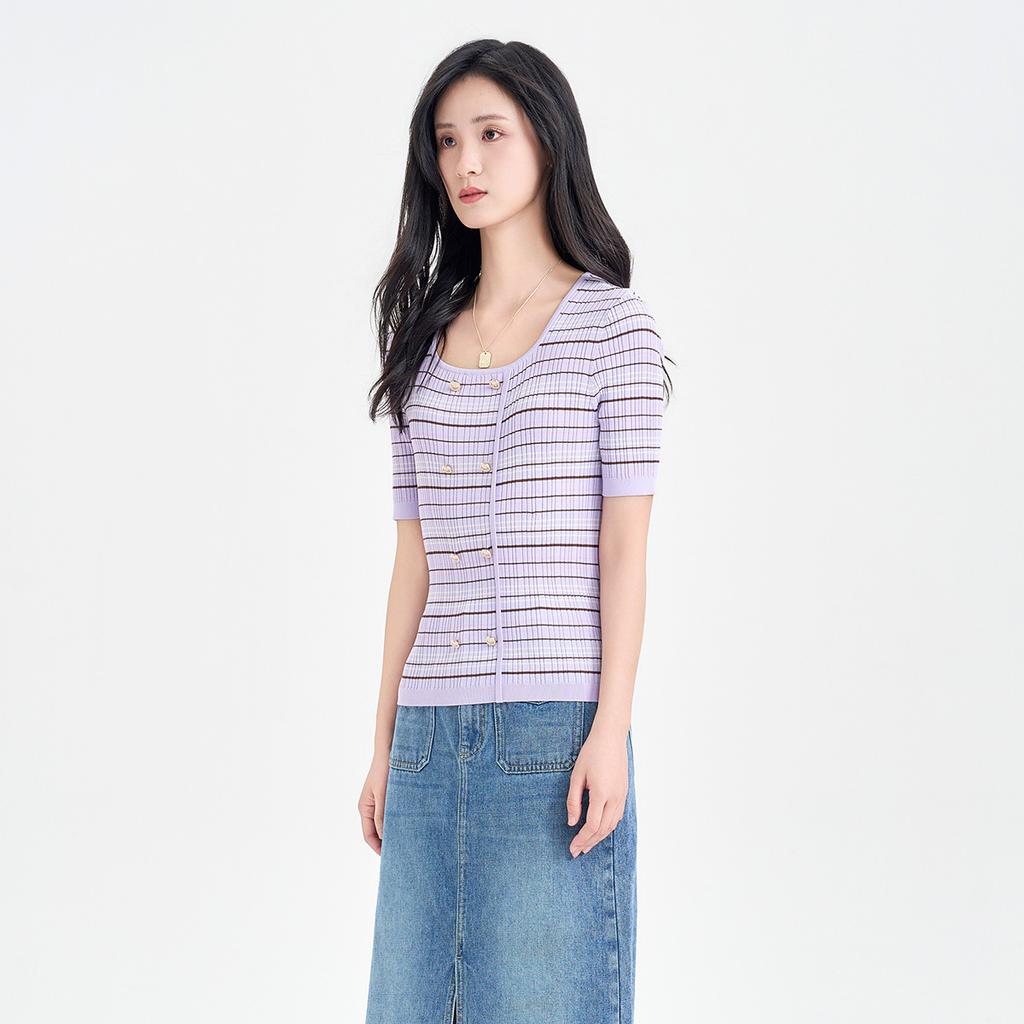 Square Collar Striped Knitted Sweater for Women In the Summer of 2026, Double Breasted Slim Fit and Slimming, Mid Sleeve Style Base Top
