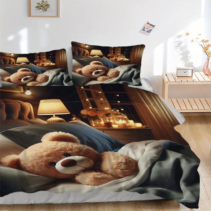 3-teiliges Anime-Teddybär-Bettwäscheset - Enthält einen Bettbezug und zwei Kissenbezüge (Kein Kern) - Perfekt für Schlafzimmer- und Gästezimmerdekoration,