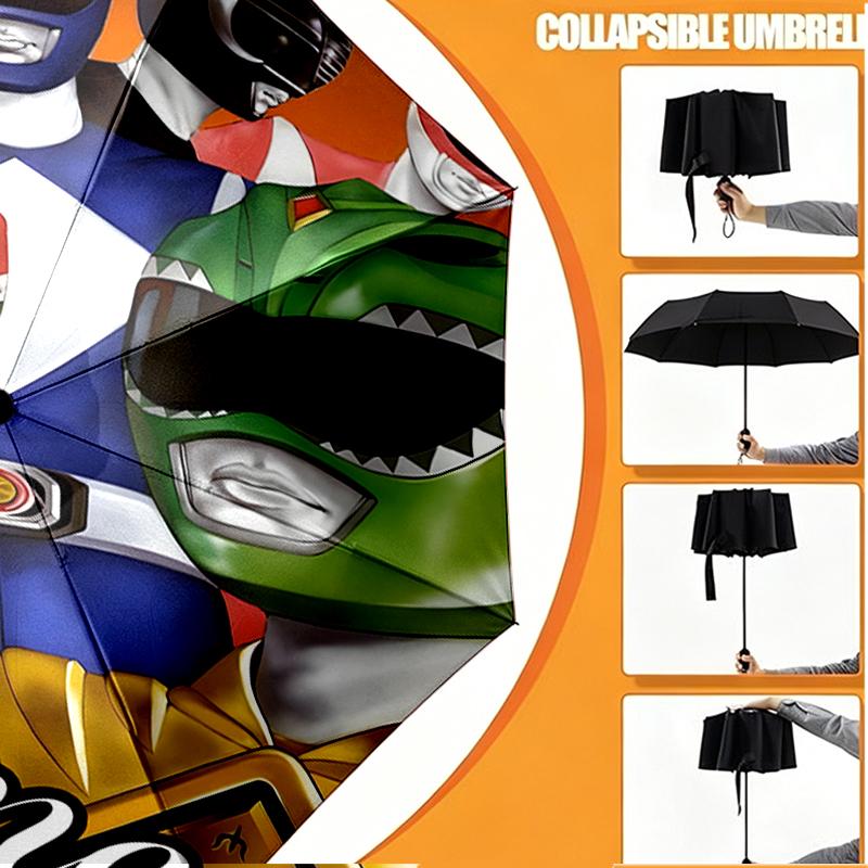Custom Name Personalized Mighty Morphin Power Rangers Print Umbrella, Auto Open Close, 8‑Rib Sturdy Frame, Commute Camping Hiking Use, Birthday Gift