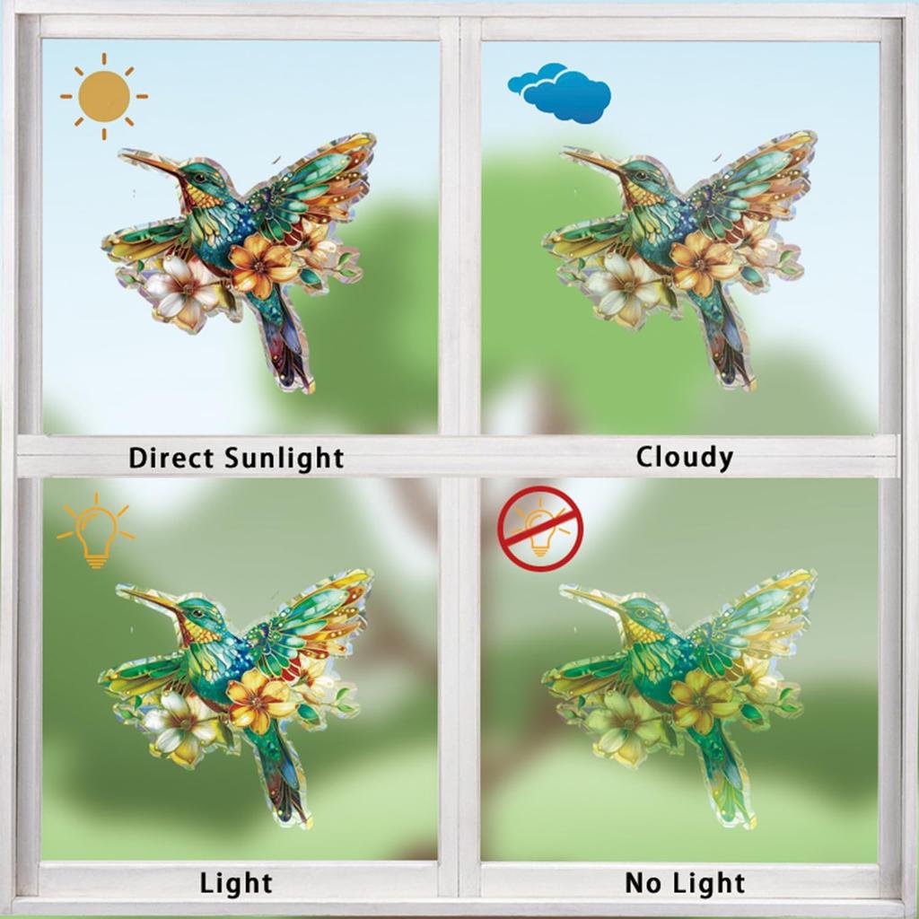 12pcs Window Decals to Prevent Bird Strikes, Anti Collision Window Clings, Rainbow Reflection Window Sticker, Hummingbird Style Sun Catcher Stickers