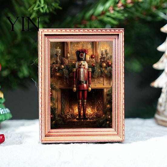 Halloweenové magnetické dekorace 3ks Vánoční rozsvěcující rámeček Magnet na ledničku, Vintage dřevěný magnetický držák na obrázky pro skříňku