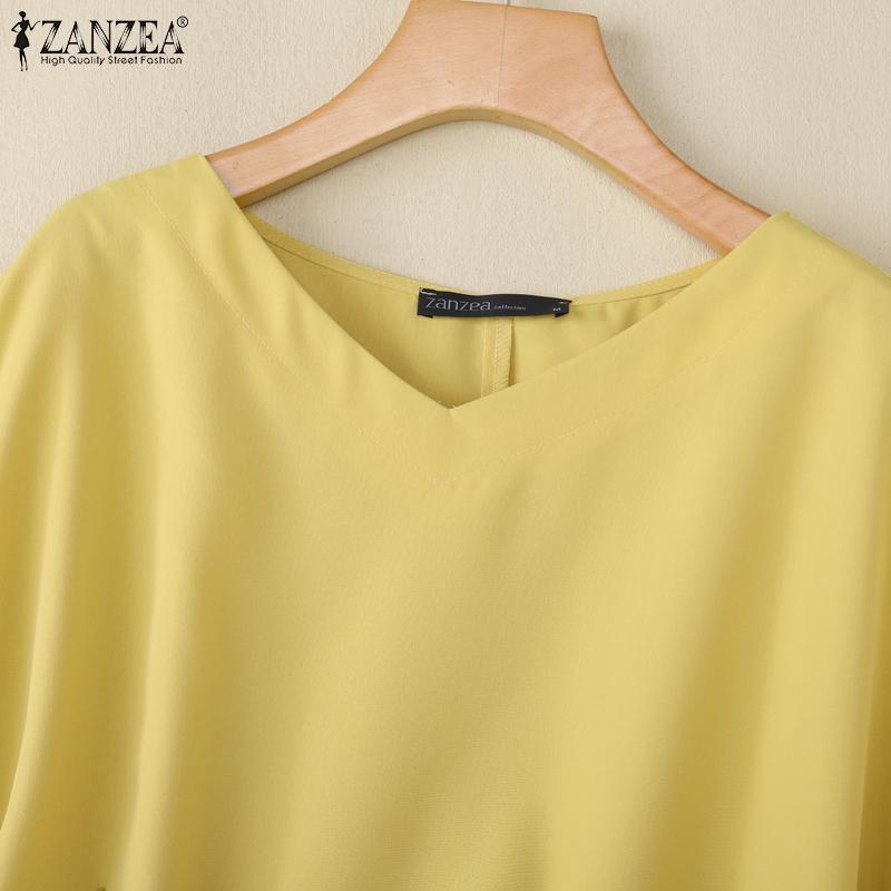 ZANZEA Damen Sommer V-Ausschnitt Unifarben 3/4 Ärmel Lässige Bluse