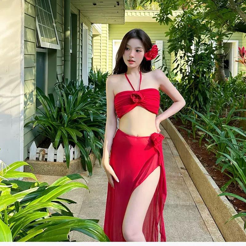 Pure Desire Hot Girl Red Hanging Neck Sling Long Dress Irregular Ruffled Sexy Split Seaside Vacation Swimsuit S