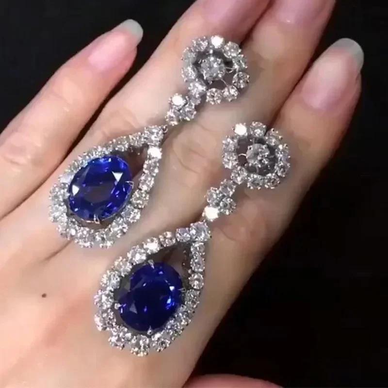 Royal Blue Zircon Oval Earrings Fashionable High-End Design Accessories for Banquets Personalized Simple Zircon