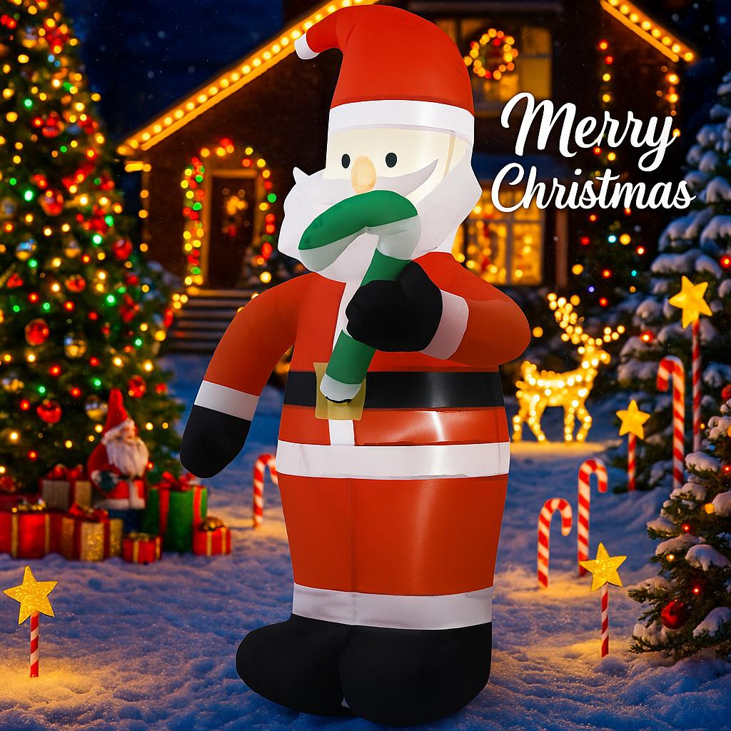 3.94FT Inflatable Santa Claus Candy Cane Toy Xmas Yard Decoration Festive Gift LED Lit Christmas Supplies Home Decor Ornament