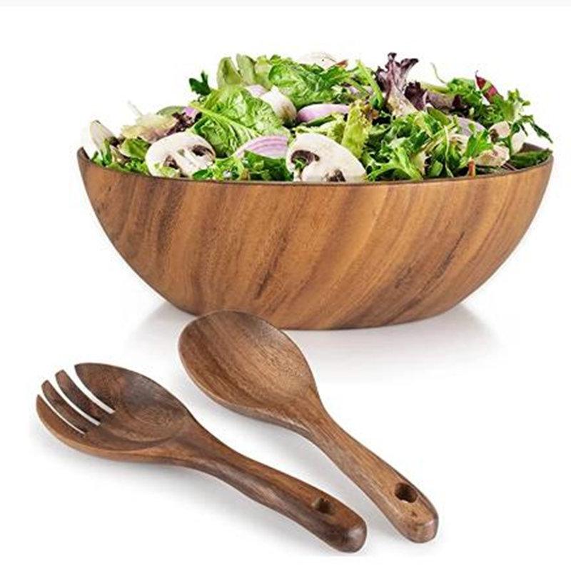 Acacia Wooden Salad Bowls Large Serving Wood Salad Bowl Solid Hardwood Salad Mixing Bowl Spoon Forks For Fruits Vegetables