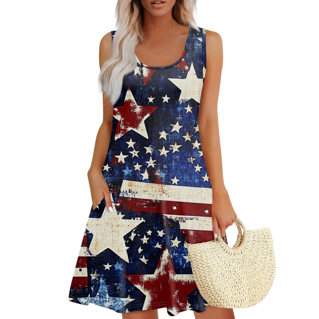 Women's Summer Casual Square Neck Independence Day Printed Dress Sleeveless Dress With Pockets