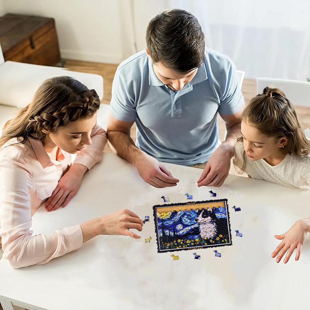 Starry Night Husky Puzzle, Wooden Puzzle Toy, High Difficulty Special-shaped Puzzle, Assembling Toy, Birthday