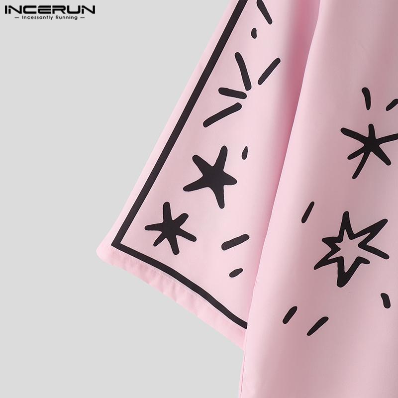 INCERUN Oversized Summer Men Lapel Neck 3/4 Sleeve Cartoon Print Casual Loose Shirts