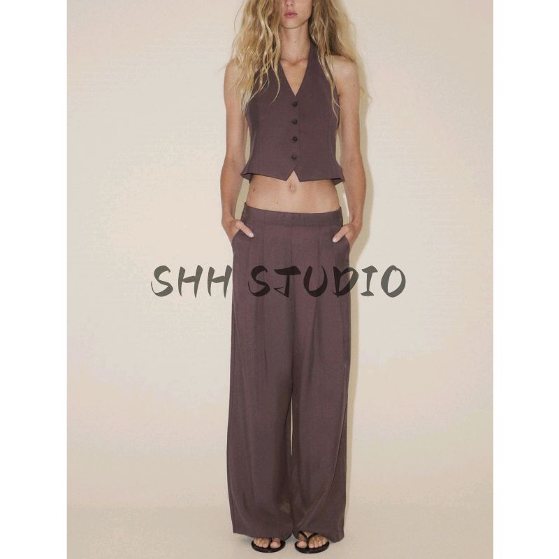 Hanging Collar Bowknot Decoration Vest 2010809 Vertical Fabric Mid Waist Wide Leg Casual Trousers 8338504