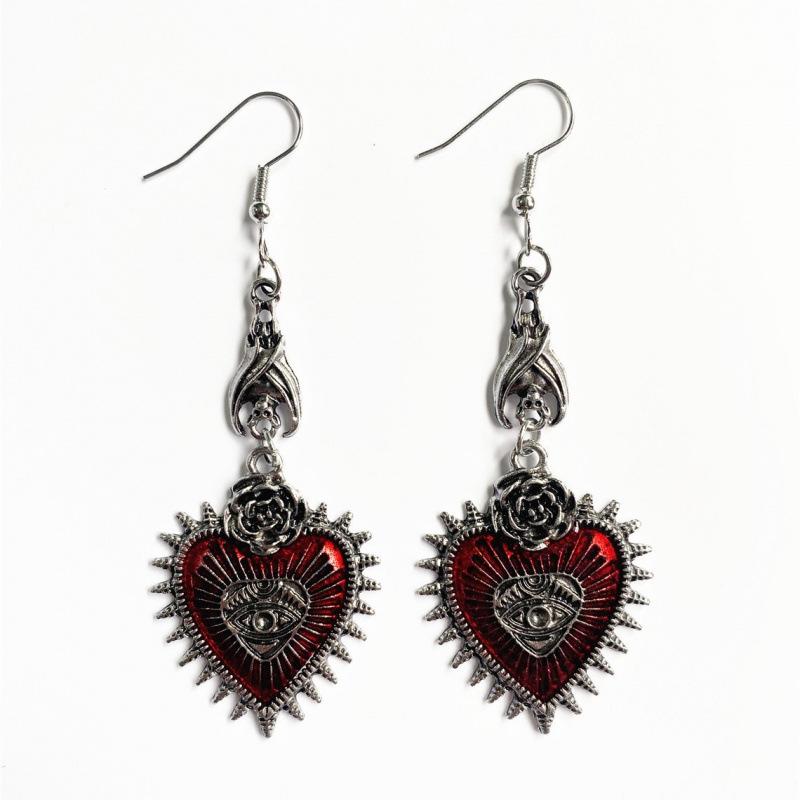 Gothic Punk Red Rose Wings Heart Earrings