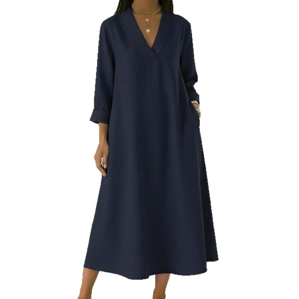 Spring New Women's Casual V-Neck Long Sleeve Cotton Linen A-Line Loose Long Midi Dress for European and American