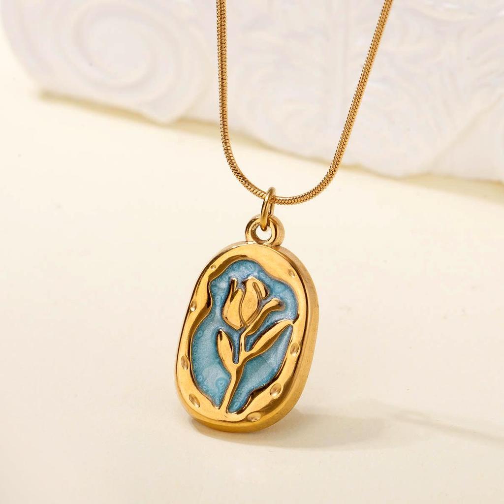 European Retro Tulip Pendant Necklace - Stainless Steel, Light Luxury French Style