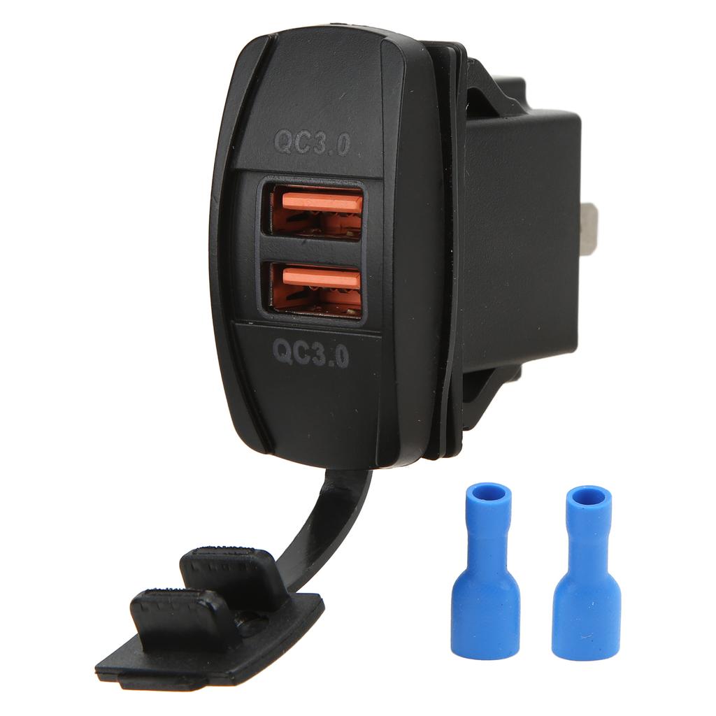 Black Universal Rocker Switch Style Dual USB Car Charger QC3.0 Fast Charge Socket with LED Backlight