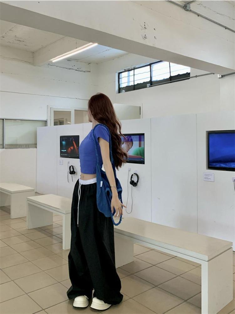 Colorblocking Elastický pas Volné Široké nohavice Ležérní Kalhoty Dámské Léto Textura Splývavé Rovné Kalhoty po zem Stovka Trend