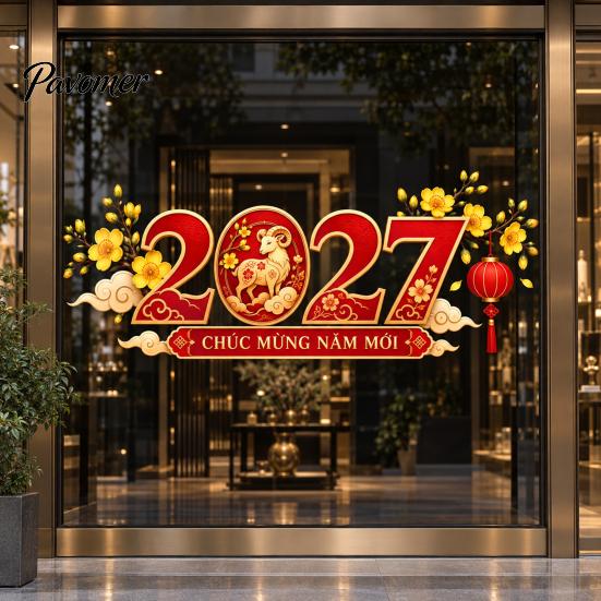 Lunar New Year Window Decals 2027 Vietnamese Cling, Sheep PVC Glass Party Decorations Sticker, Decorative Stickers for Home Shop Festive Holiday