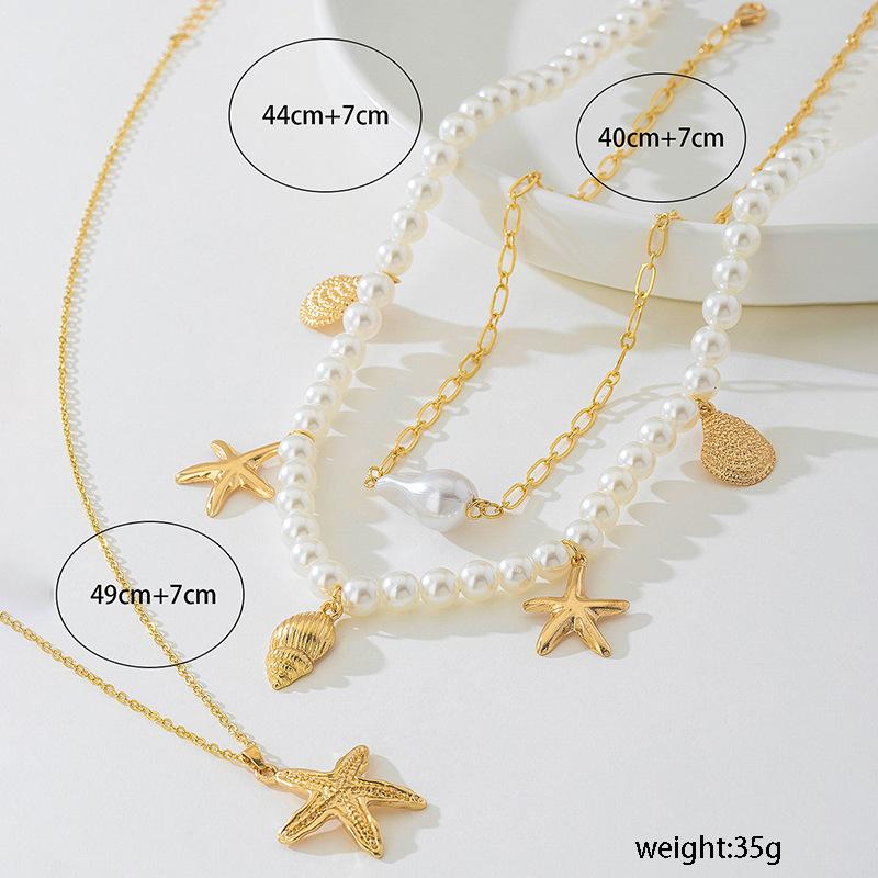 Summer ocean vacation starfish shell conch pearl multi-layer necklace fashionable exaggerated multi-layer necklace
