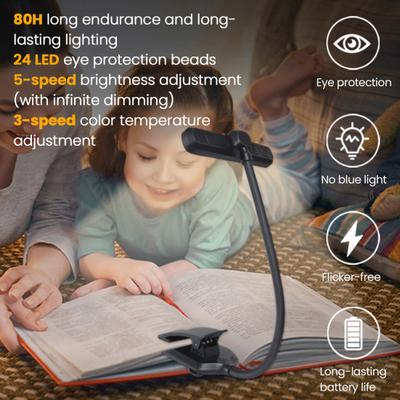 Luz de Livro Recarregável de 24 LEDs para Ler na Cama Escurecimento Contínuo Luz de Leitura com Clip com 3 Cores e 5 Brilhos para Estudar