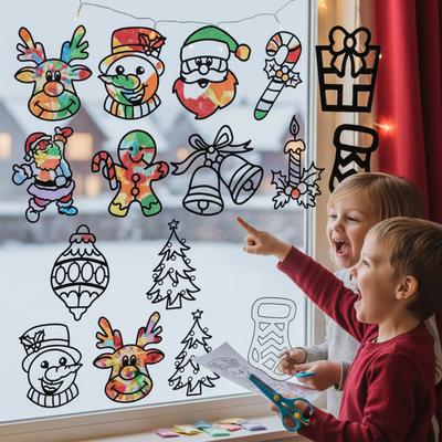Lot de 12 Autocollants de Fenêtre de Noël Faits Main DIY Kit d'Art en Papier Modèles d'Artisanat Photos de Fenêtre pour Décoration Murale et de Pièce