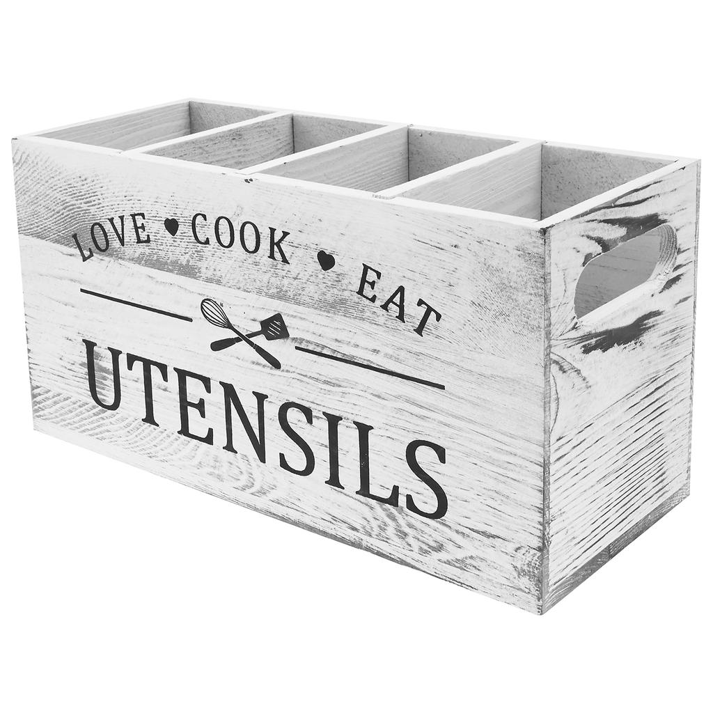 Rustic Wooden Utensil Holder 4 Compartments Kitchen Tableware Stand With Drainage Holes Countertop Flatware Organizer