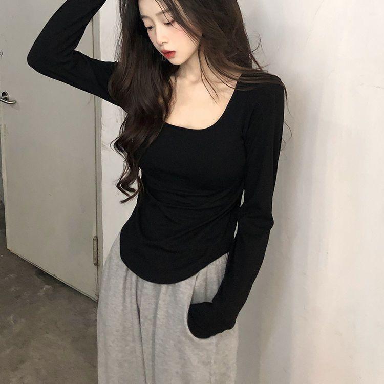 

Женская новая блузка с квадратным вырезом и длинными рукавами, весна-лето, футболка с открытыми плечами, большой размер, однотонная рубашка S чёрный