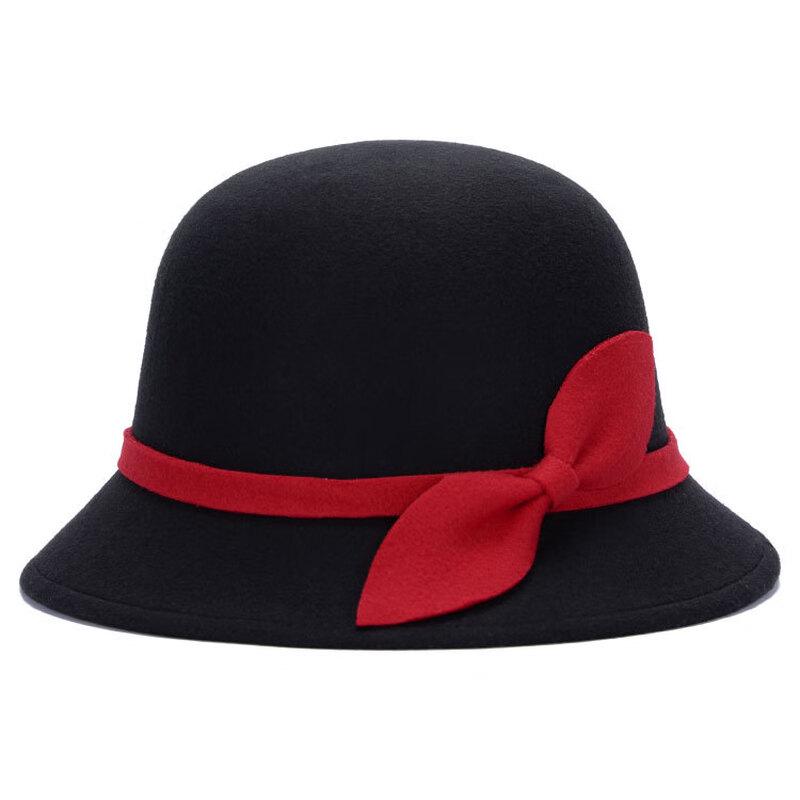 Women's Retro Wool Felt Hat with Leaf Bow