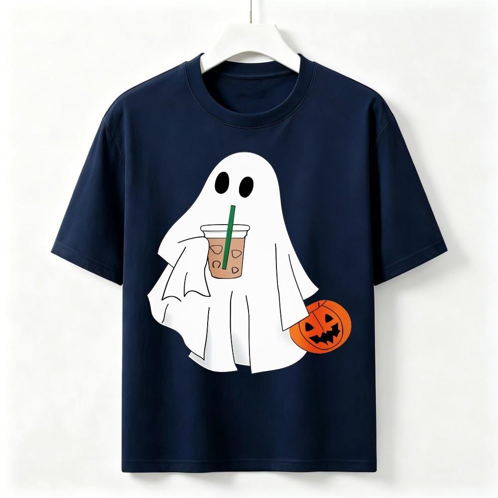 Halloween Ghost Coffee Lover Gift T-Shirt Fall Halloween Casual Graphic Tee
