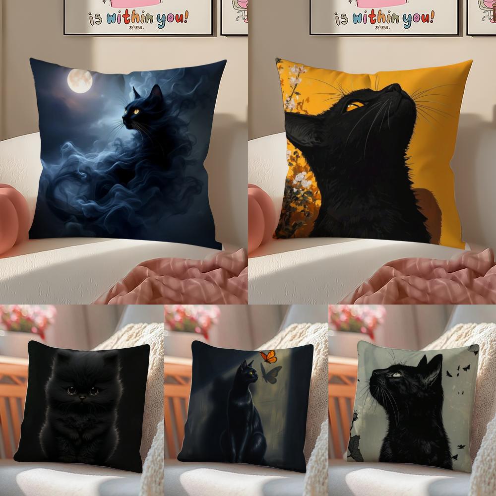Black Cat Funy Abstract Art Cushion Cover Linen Pillowcase Cover Soft Decor for Sofa Home Room