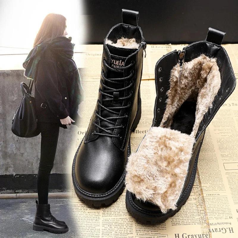 Waterproof Winter Snow Boots Women  Plus Velvet Thick Cotton Women Shoes Black Leather Warm Platform Women's Ankle Boots
