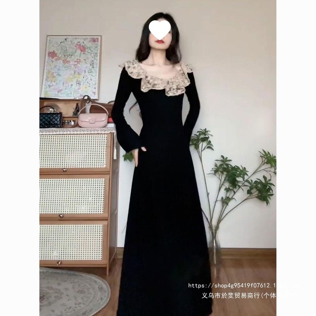 French Hepburn New Long-sleeved Autumn and Winter New Thin Lace Temperament Long Dress Black Dress