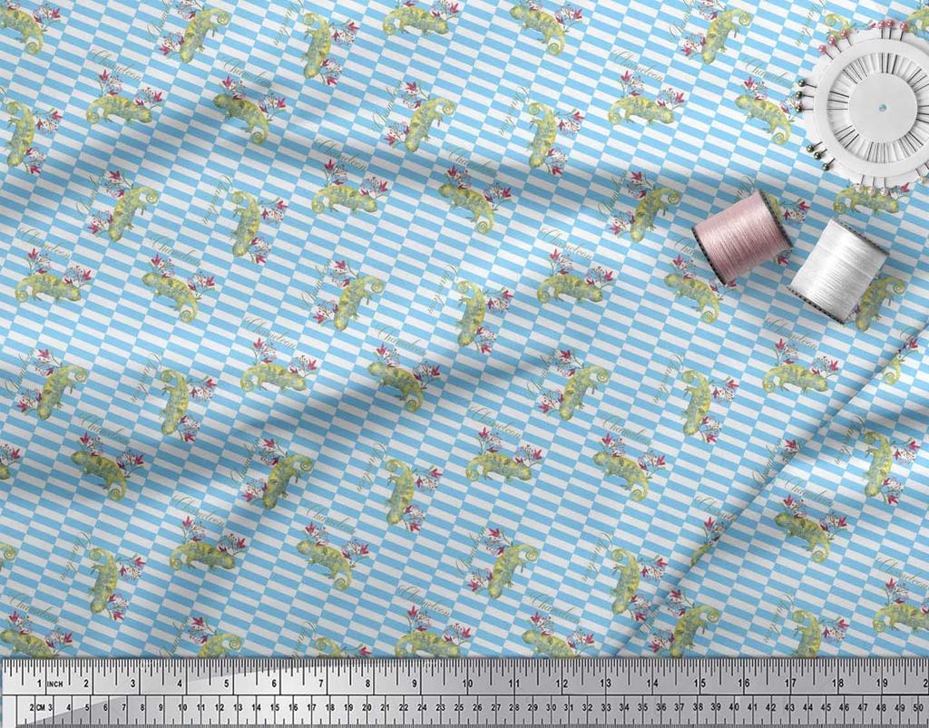 Soimoi Blauer Japan Krepp Satin Stoff Blumen- & Chamäleon Reptilien Druck Nähstoff Meter 42 Zoll