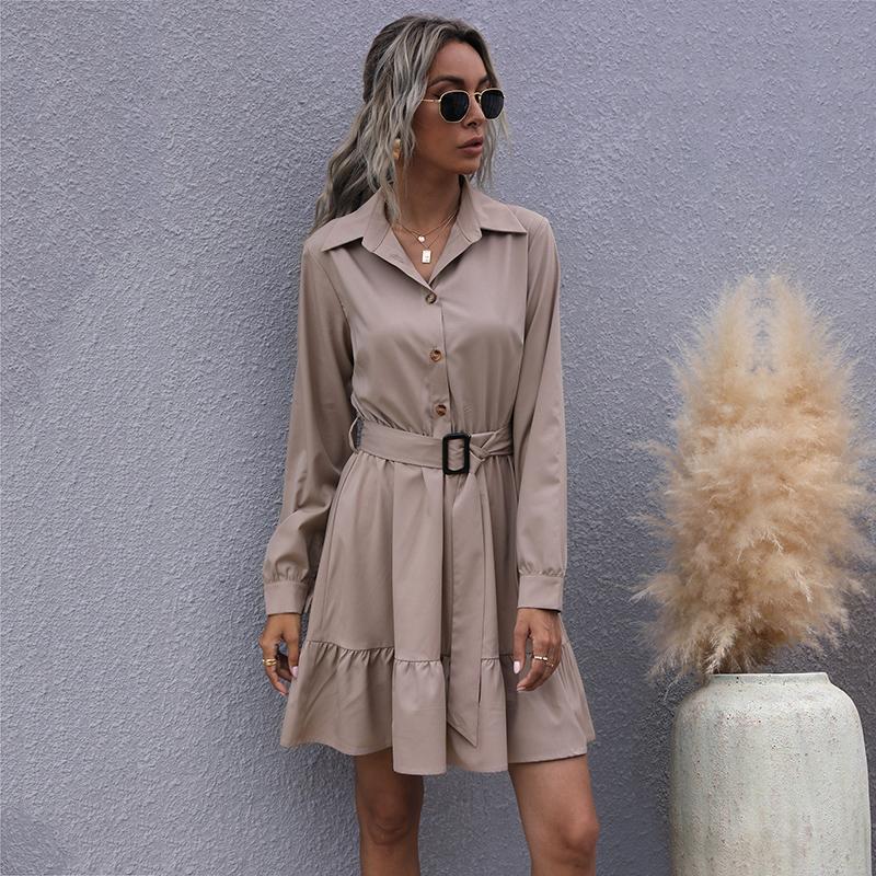 YYFS Women's Fashion Summer Spring Solid Color Print Long Sleeve POLO Neck Casual Dresses